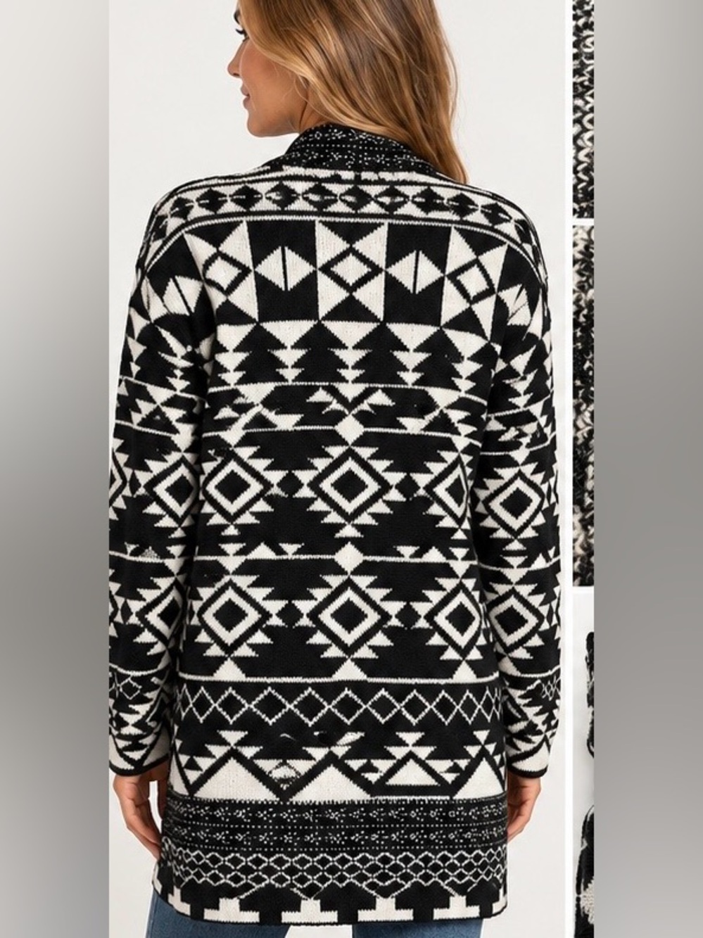 Frye The Cozy Cardigan - Black Aztec Geometric Pattern - Picture 2 of 10